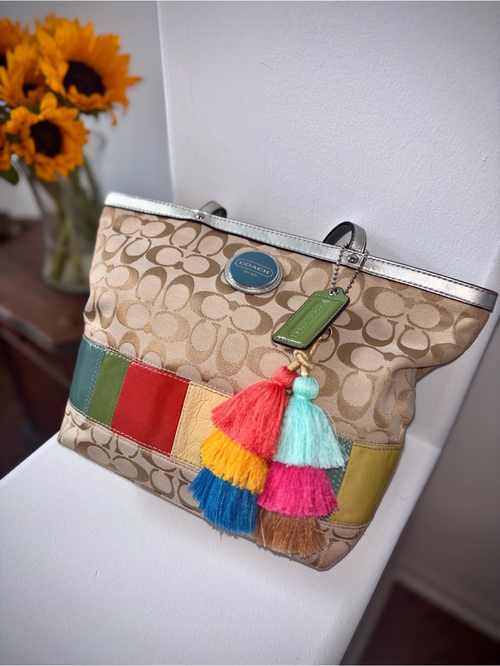 Coach Signature Stripe Tote Bag Khaki Multi Canvas Colorblock Tote Boho Chic - Picture 9 of 11